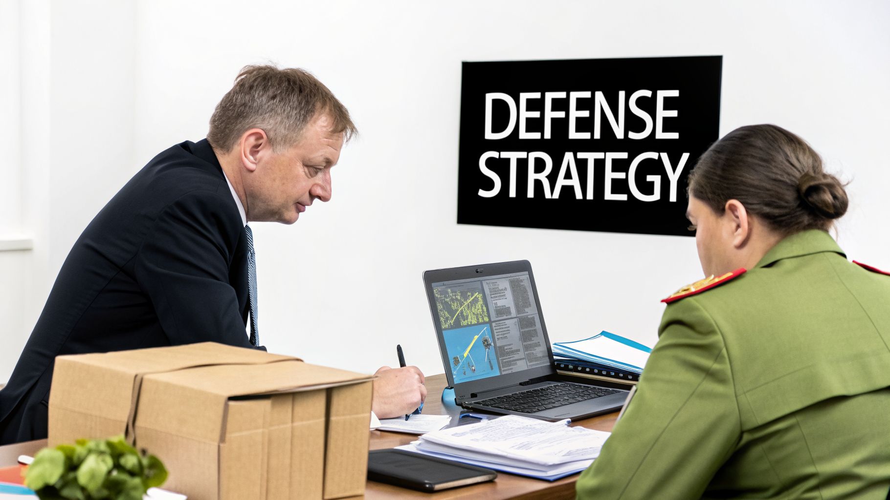 Two professionals, one in a suit and one in a military uniform, collaborating on defense strategy.