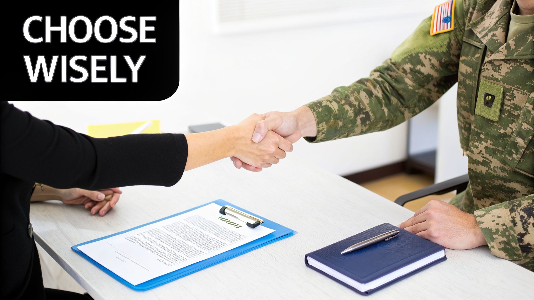 A handshake between a civilian and a military person at a desk with documents, notebook, and a 'Choose Wisely' sign.