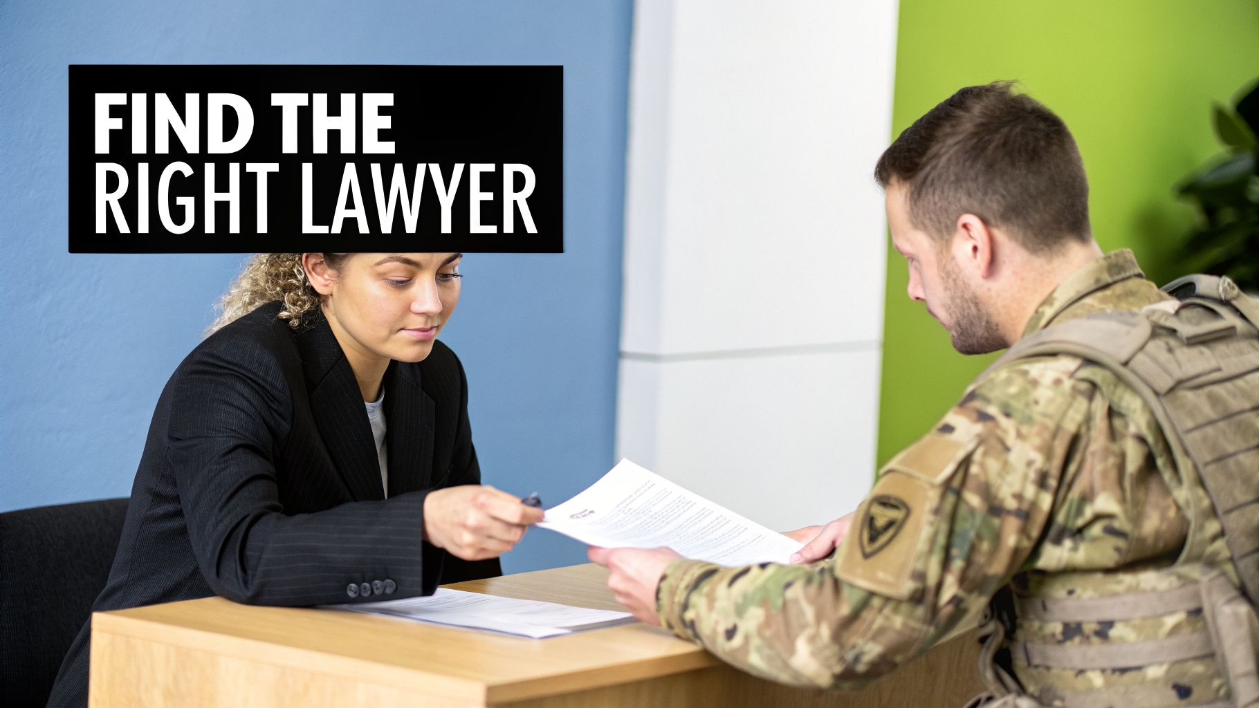 A female lawyer hands a pen to a male soldier in uniform, looking at documents.