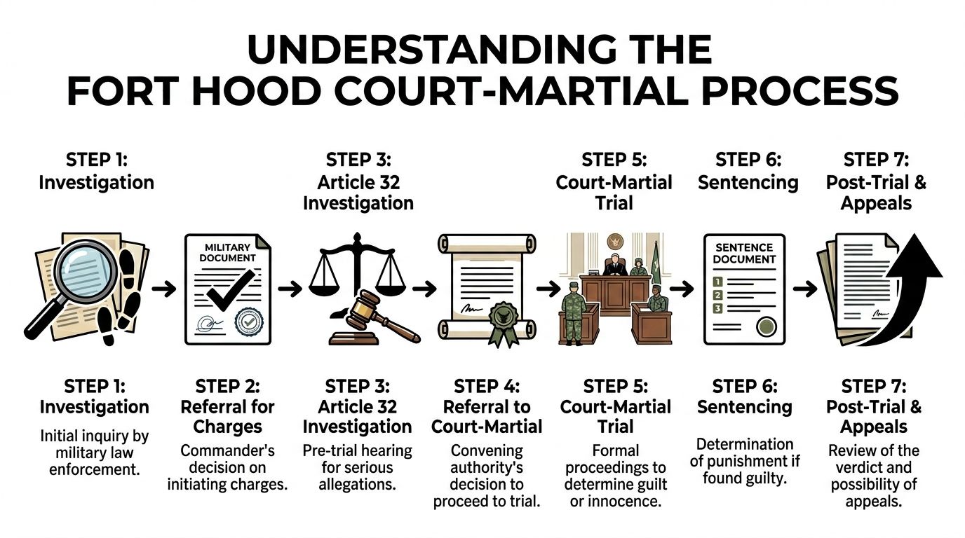 Fort Hood Court Martial Defense Lawyers 3 A flowchart infographic detailing the seven steps of the Fort Hood court-martial legal process for military personnel.