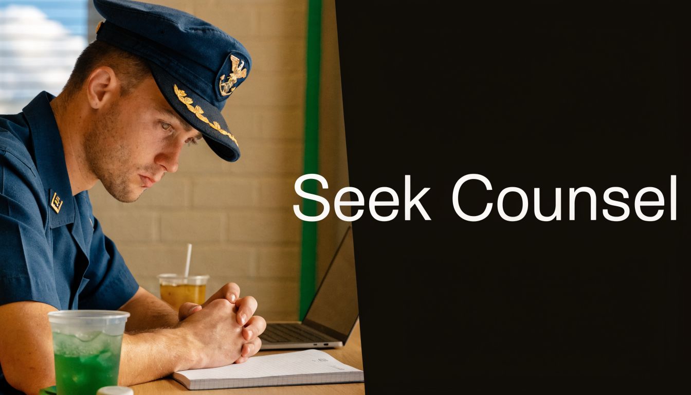 Fort Hood Court Martial Defense Lawyers 2 A military officer in uniform looking down while sitting at a desk with a laptop and notebook.