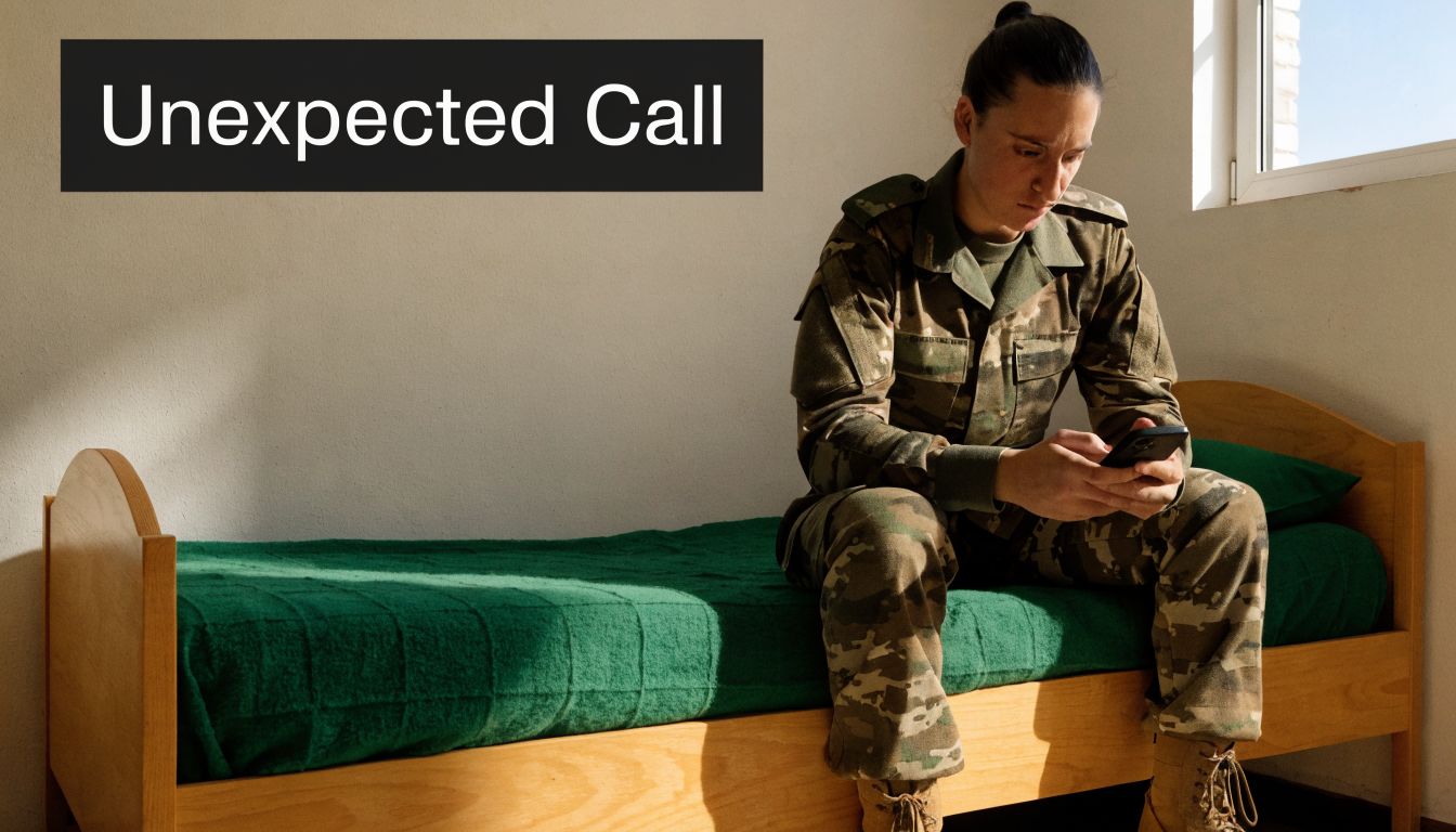Fort Hood Court Martial Defense Lawyers 1 A soldier in uniform sitting on a wooden bed, looking down at a mobile phone screen.