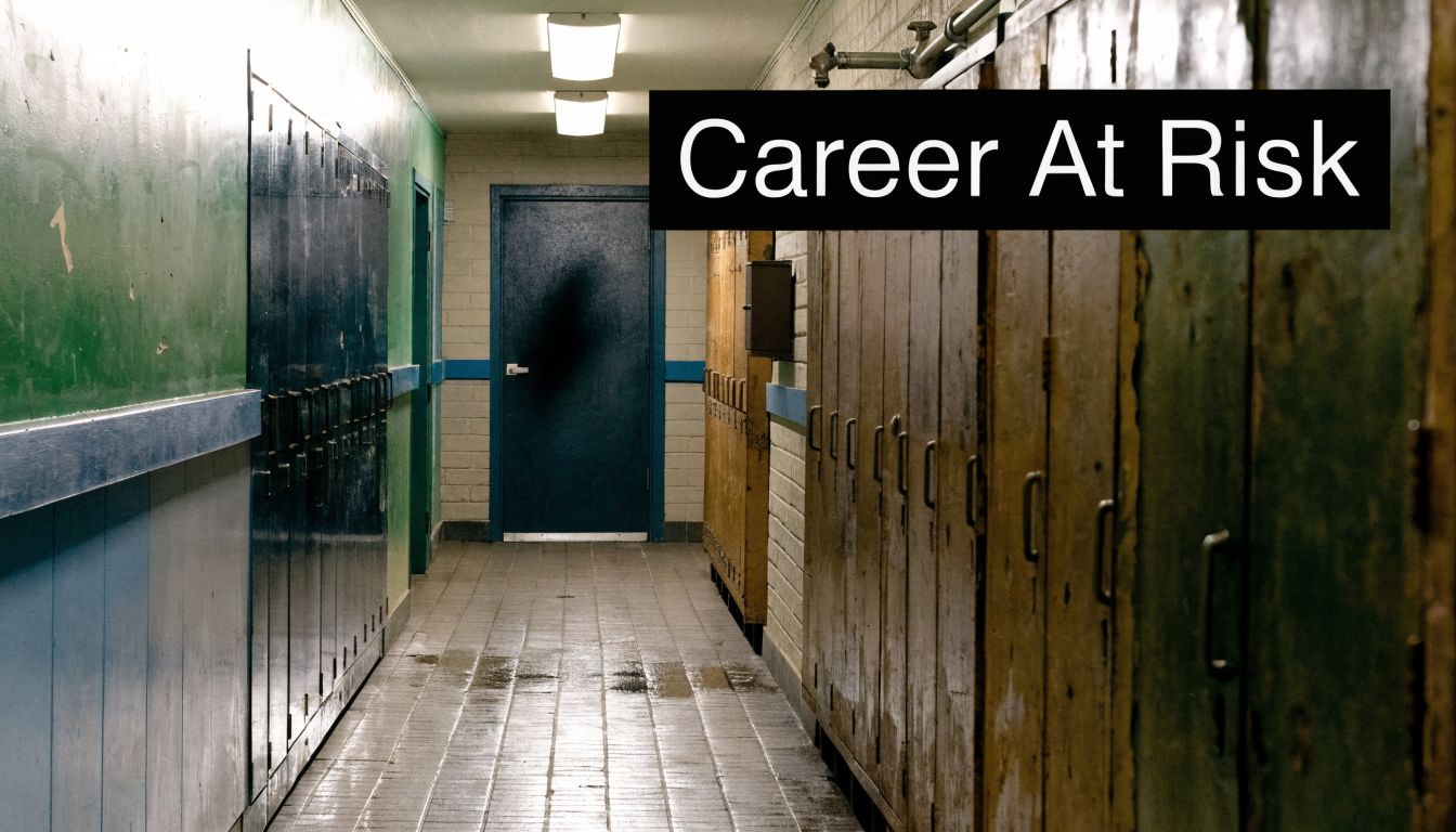 A long, dim school hallway lined with weathered lockers and a single closed door at the end.