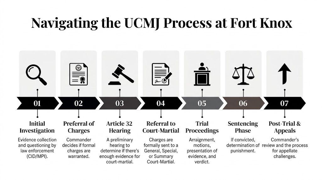 A seven step infographic illustrating the UCMJ military legal process starting from investigation to appellate review.