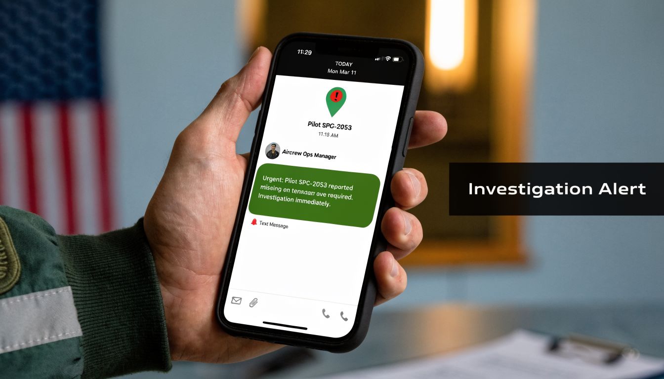 A close-up view of a person holding a smartphone displaying an urgent military investigation alert message.