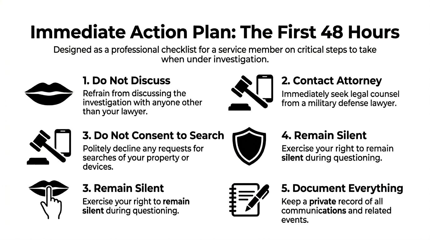 An infographic titled Immediate Action Plan for service members detailing five steps to take during investigations.