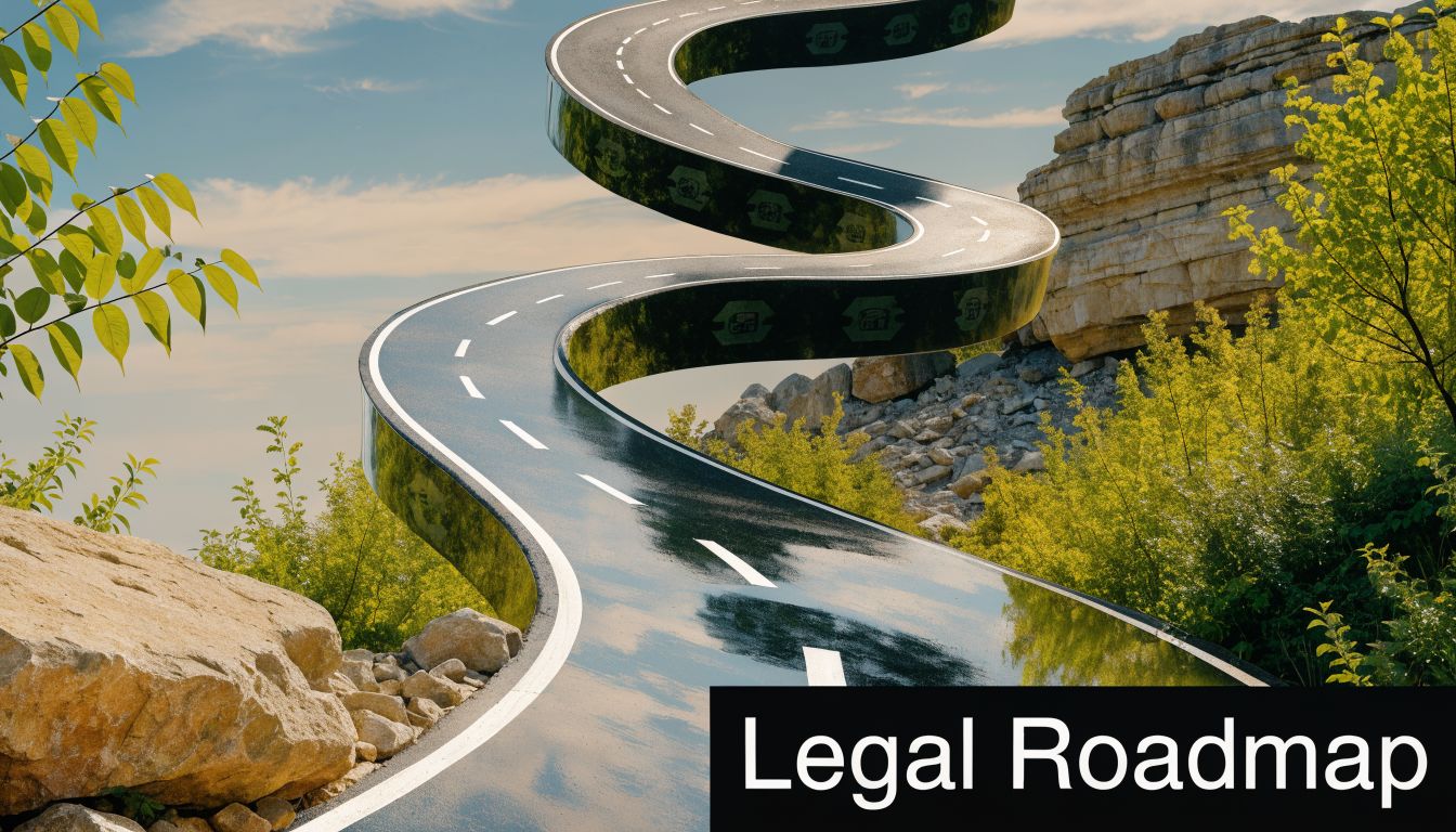 A scenic winding road leading into the distance with a black box labeled Legal Roadmap below.