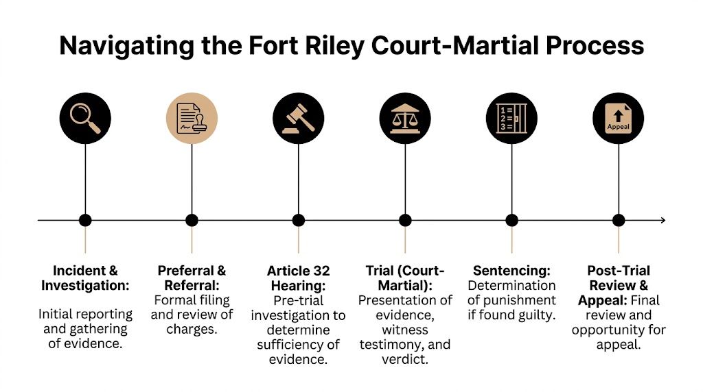 A flowchart infographic titled Navigating the Fort Riley Court-Martial Process outlining the six stages of military legal proceedings.