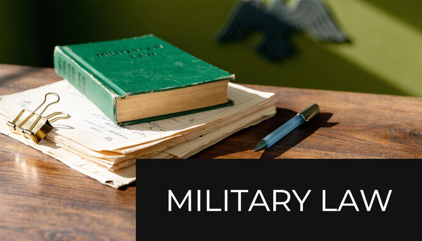 A green military law book resting on a stack of legal documents with a pen on wood.