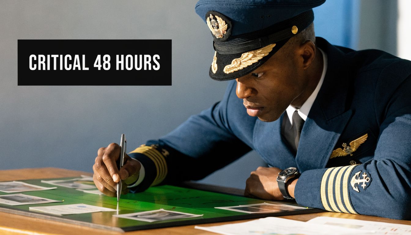 An African American military officer in uniform studies documents and marks a map on a table.