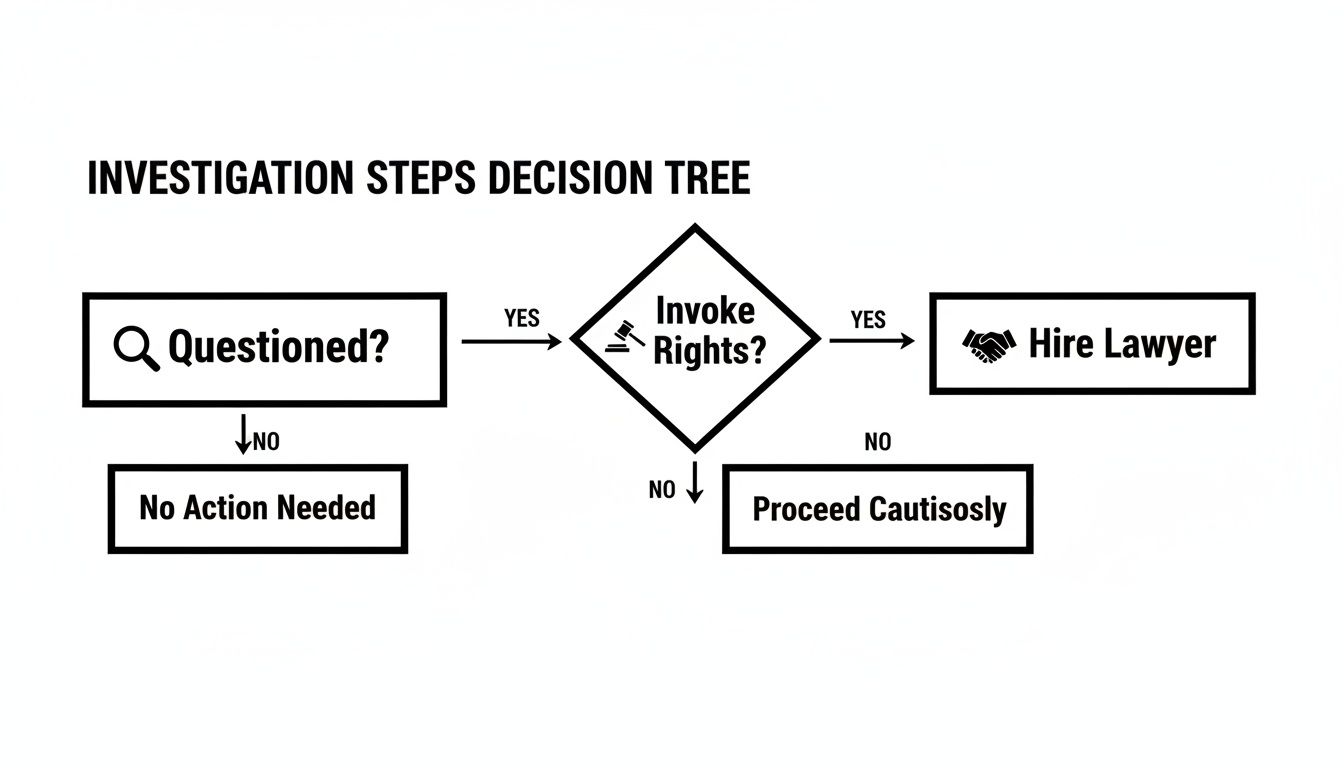 A decision tree flowchart outlining steps for an investigation, guiding on invoking rights and hiring a lawyer.