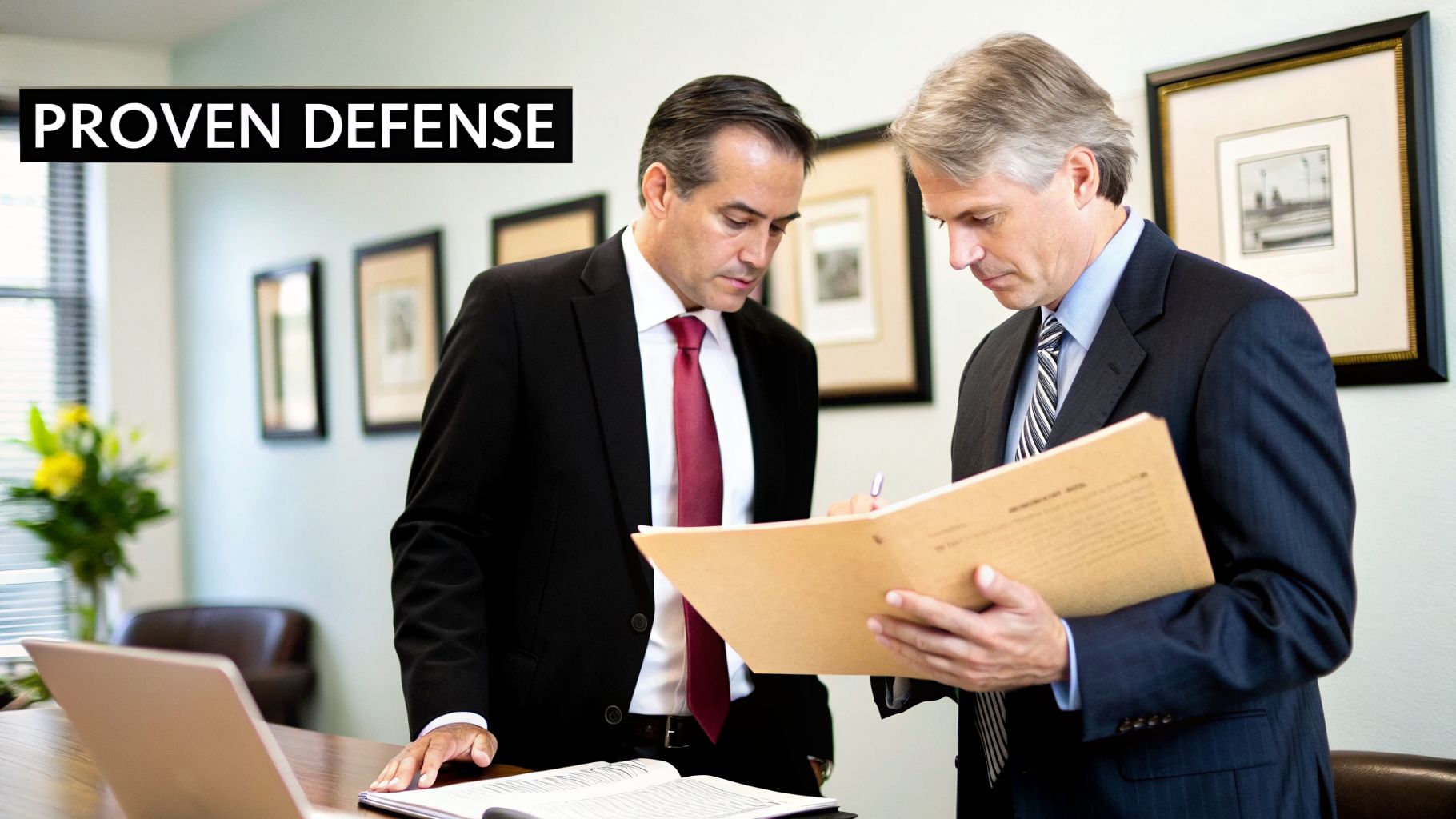 A Fort Riley Military Defense Lawyers Guide 4 Two male lawyers in suits reviewing legal documents and discussing a case in an office.