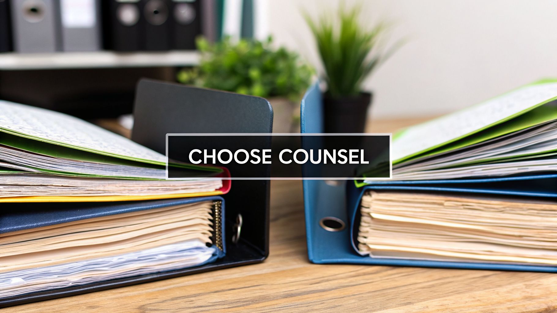 Text 'Choose Counsel' over a desk with open binders full of legal documents in an office setting.