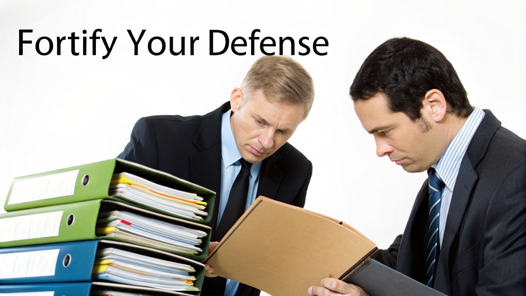 Two male lawyers in suits meticulously reviewing legal documents and files to fortify a defense.