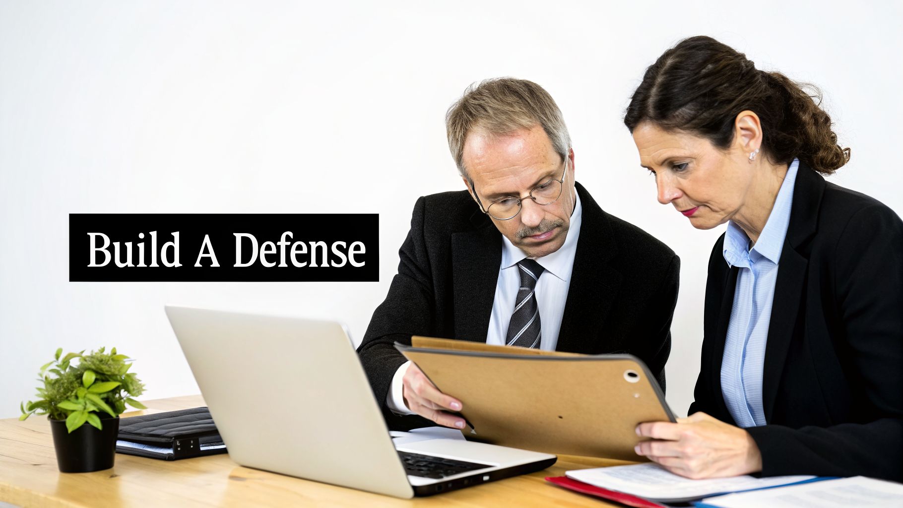 A Fort Riley Military Defense Lawyers Guide 3 Two legal professionals review documents at a desk with a laptop, strategizing a defense.