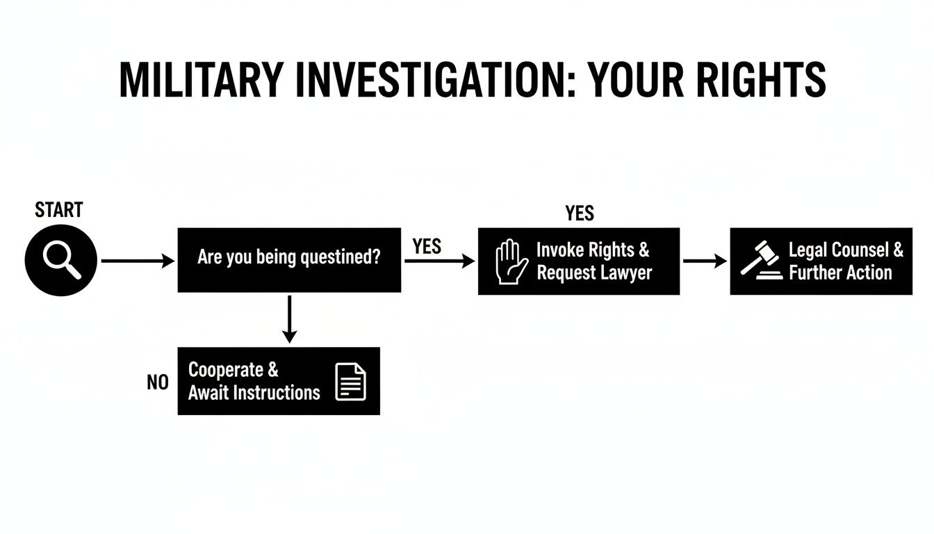 A Fort Riley Military Defense Lawyers Guide 1 A flowchart titled 'Military Investigation: Your Rights', guiding on steps if questioned, including invoking rights and legal counsel.