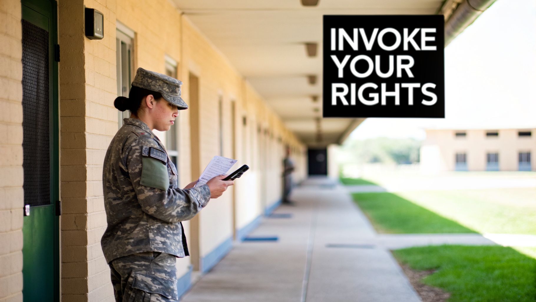 Soldier in camouflage reads a document and phone in a military barracks hallway, under an 'INVOKE YOUR RIGHTS' sign.
