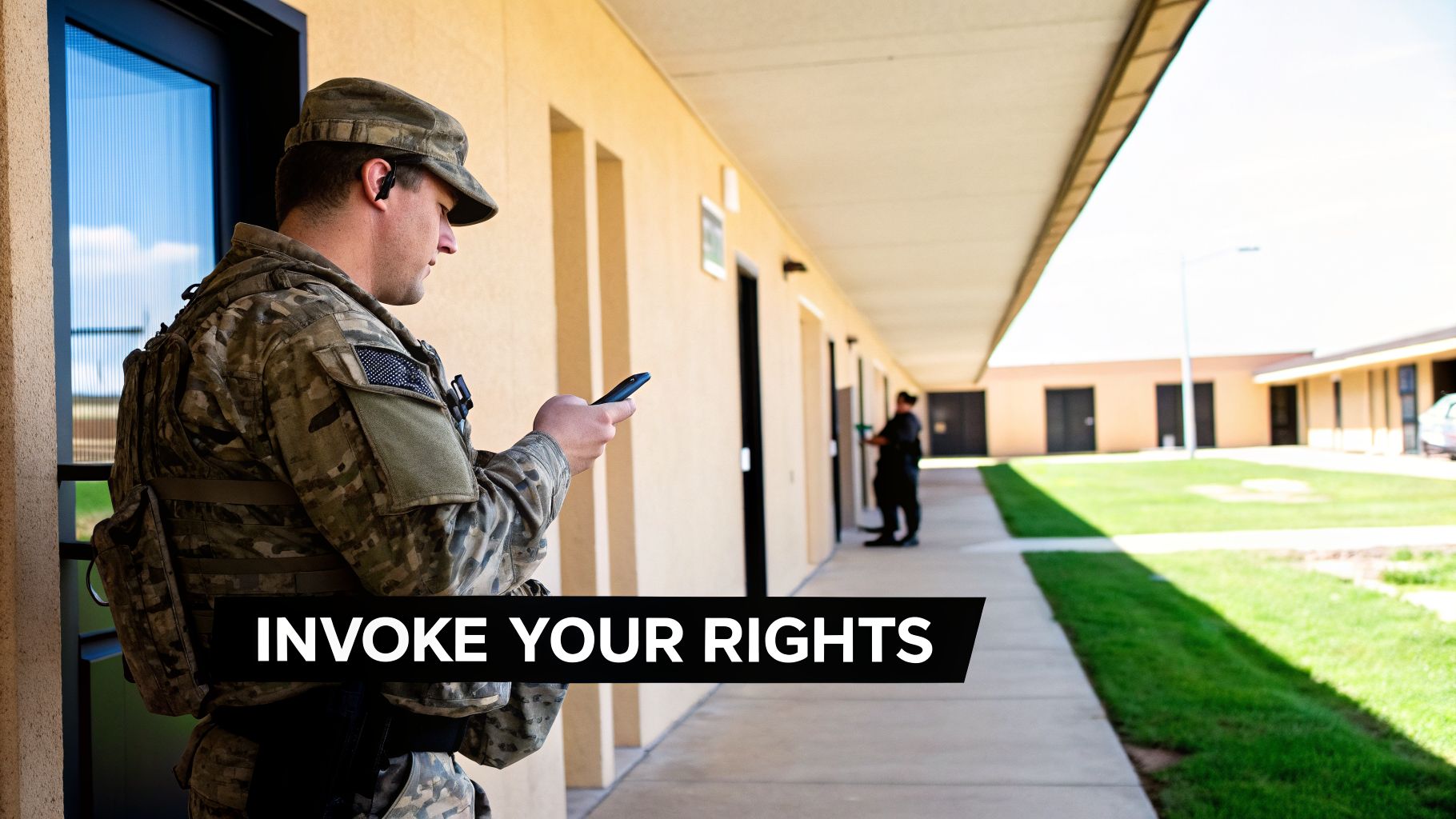 A Fort Riley Military Defense Lawyers Guide 2 A soldier in uniform looks at his phone while standing near a building, with text 'INVOKE YOUR RIGHTS'.
