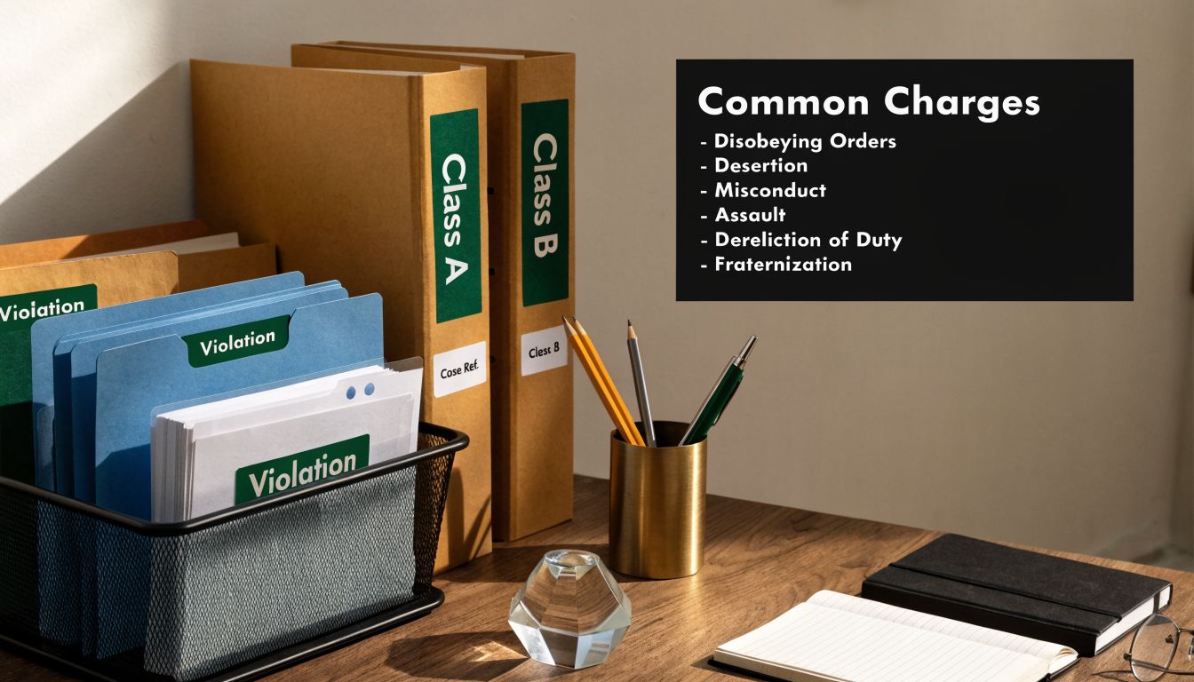 A legal office desk showing files labeled violation alongside a list of common military court martial charges.