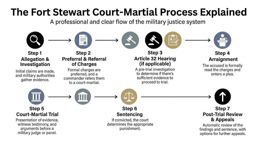 An infographic illustrating the seven-step military justice process of the Fort Stewart court-martial system.