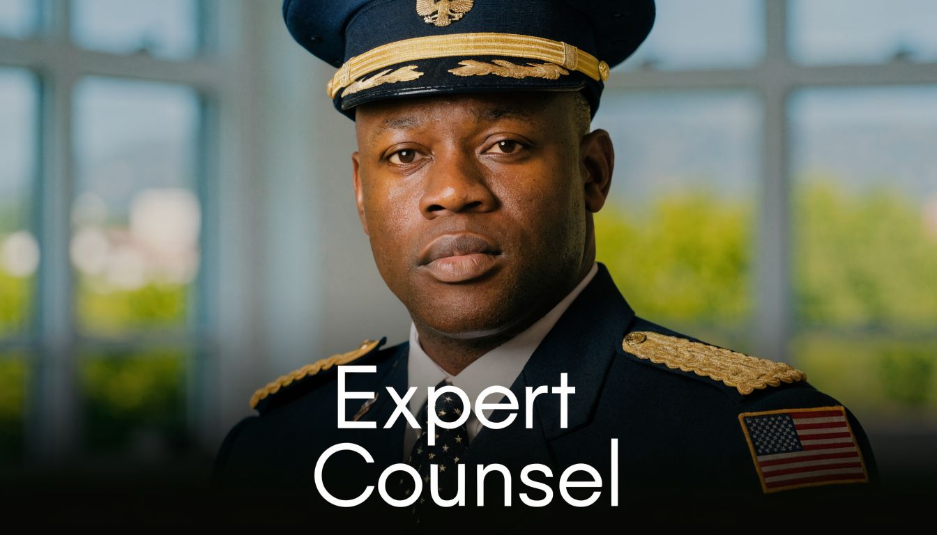 A professional military officer wearing a service uniform standing in front of a windowed office setting.