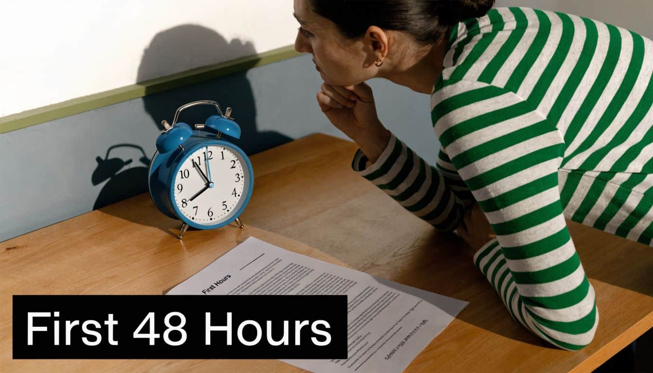 A woman leaning over a desk looking intensely at an alarm clock and a document.