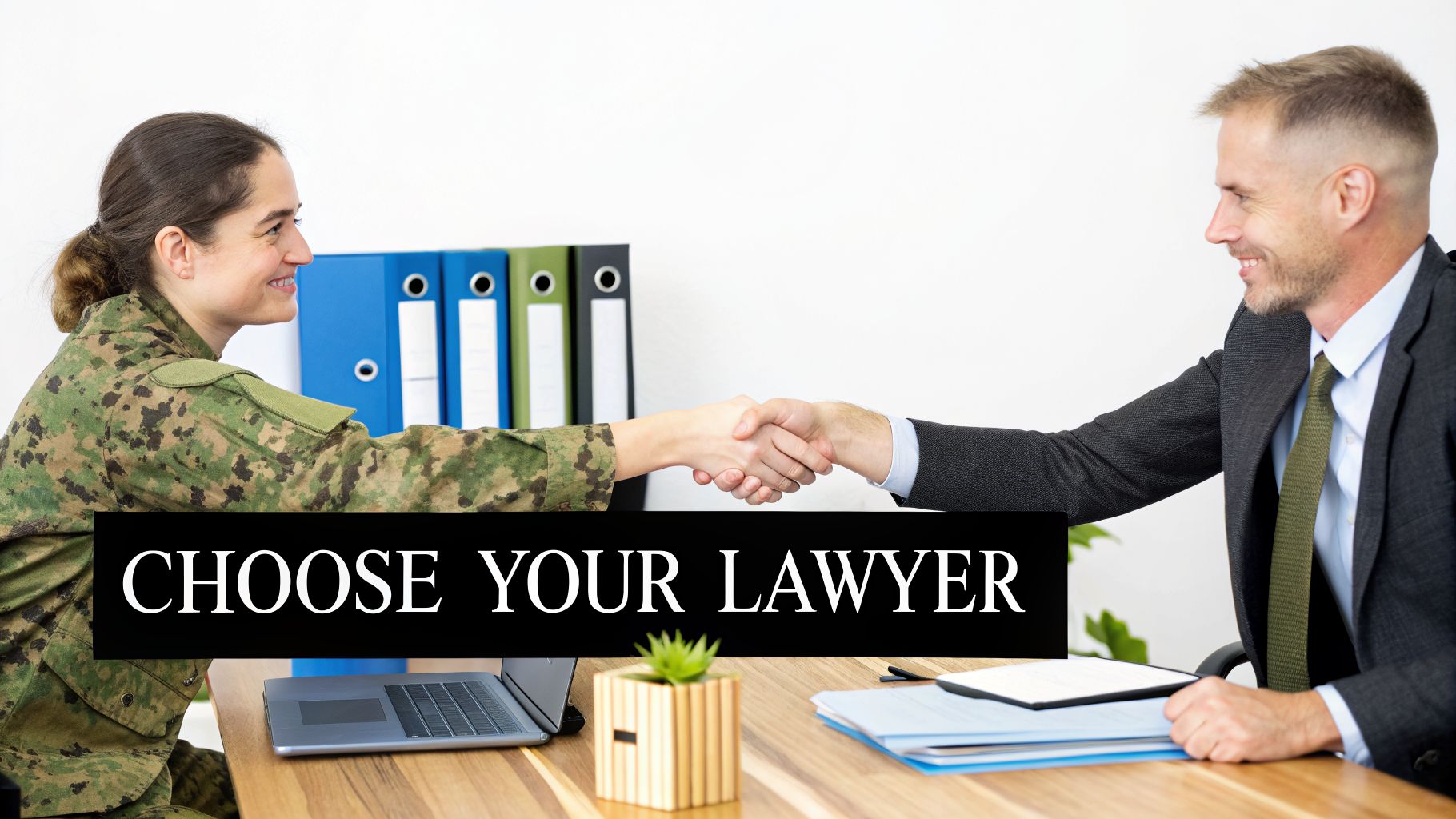 A military person in uniform shakes hands with a man in a suit, possibly a lawyer, in an office.