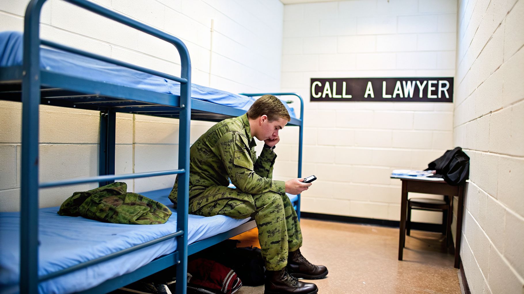 A young military man in uniform sits on a bunk bed, looking at his phone, with a 'CALL A LAWYER' sign behind him.