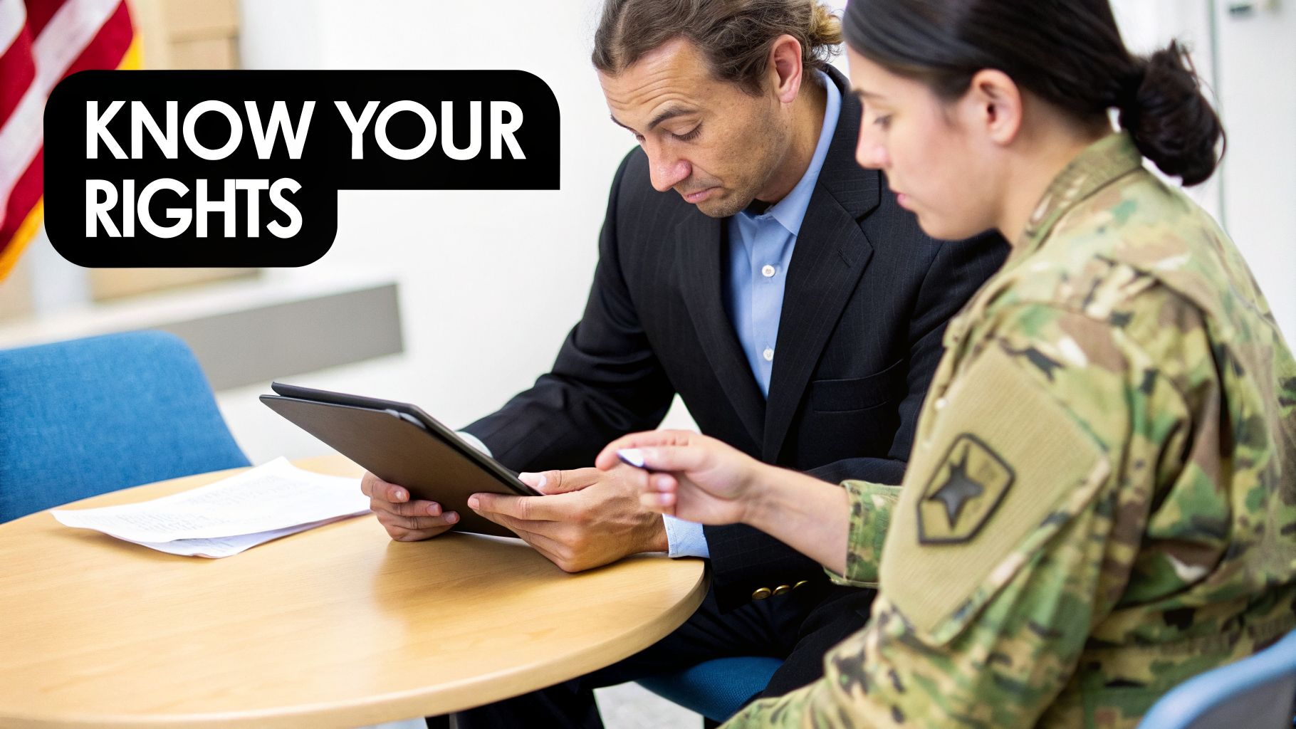 A military service member consults with a lawyer about her rights, looking at a tablet.