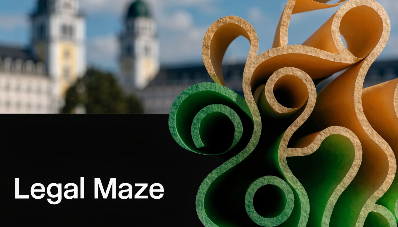 Abstract textured paper rolls in green and orange tones overlaid on a blurred German government building background.