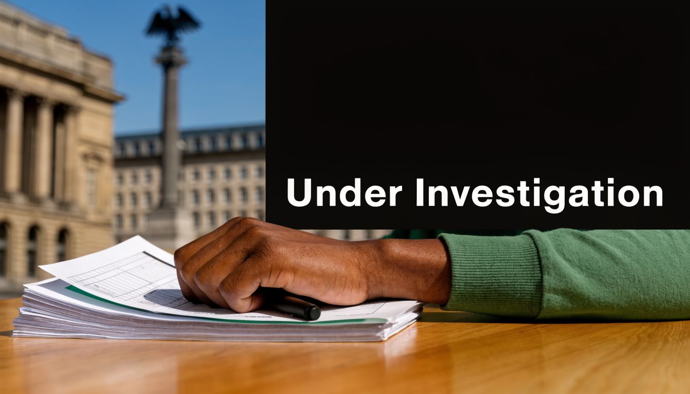 A close up of a person writing on documents at a table with an eagle statue background.