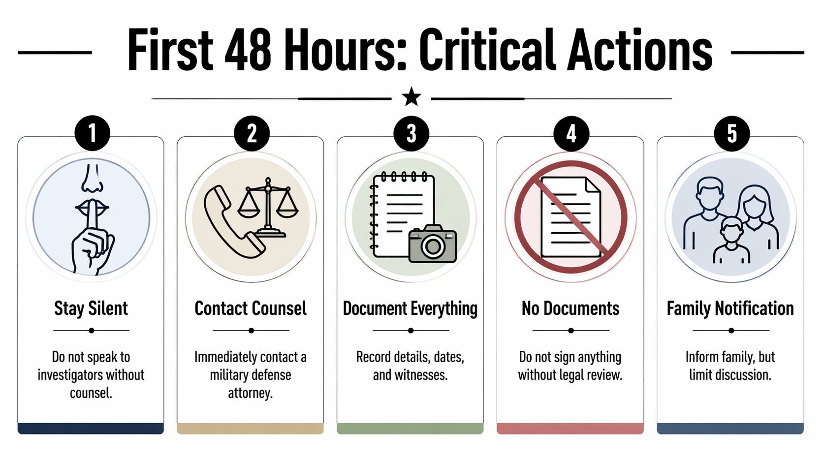 An infographic titled First 48 Hours: Critical Actions outlining five essential legal steps to take after an incident.