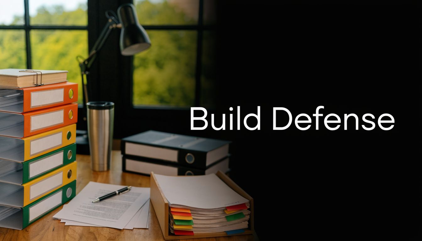 A wooden desk featuring stacked colorful file binders, a lamp, and documents with the text Build Defense.