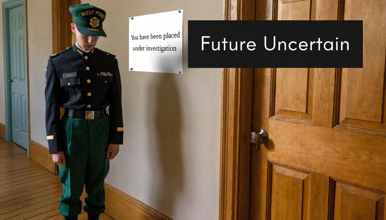 A West Point cadet stands looking down in a hallway, near a sign stating they are under investigation.