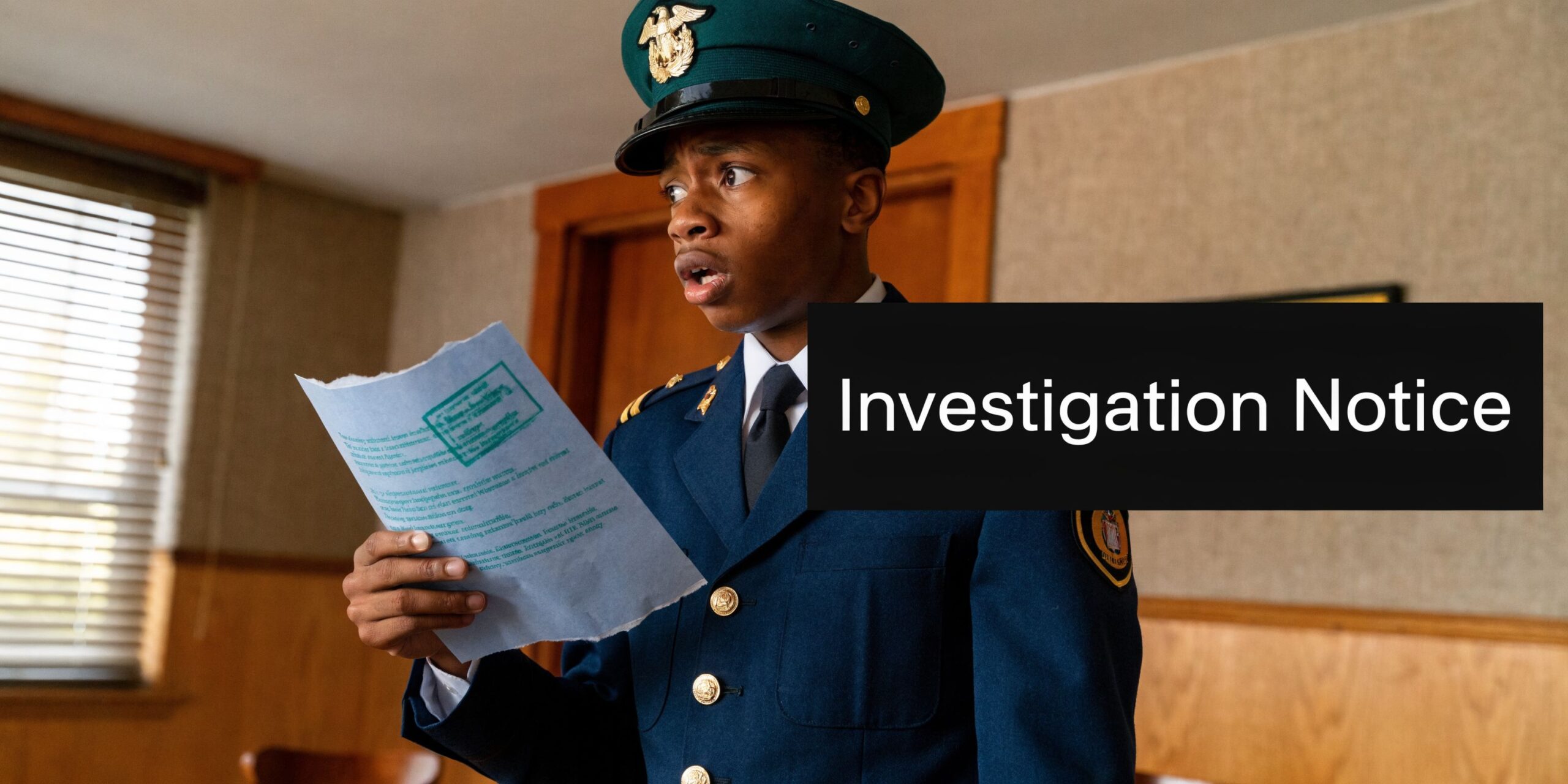 Protect Your Career: West Point Military Defense Lawyers 1 A young military cadet in uniform looks shocked while reading a blue document labeled as an investigation notice.