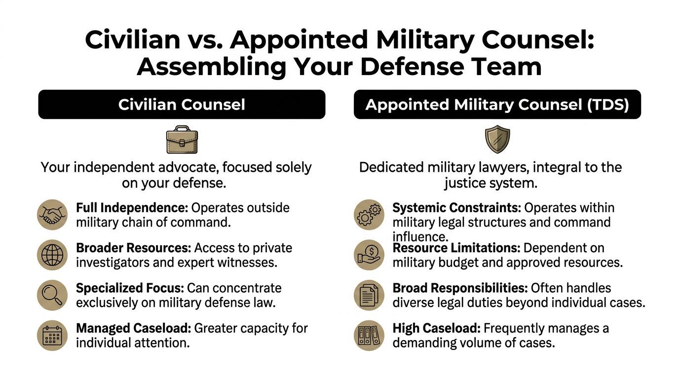 Protect Your Career: West Point Military Defense Lawyers 3 A comparison chart outlining the differences between hiring a civilian counsel versus an appointed military defense lawyer.