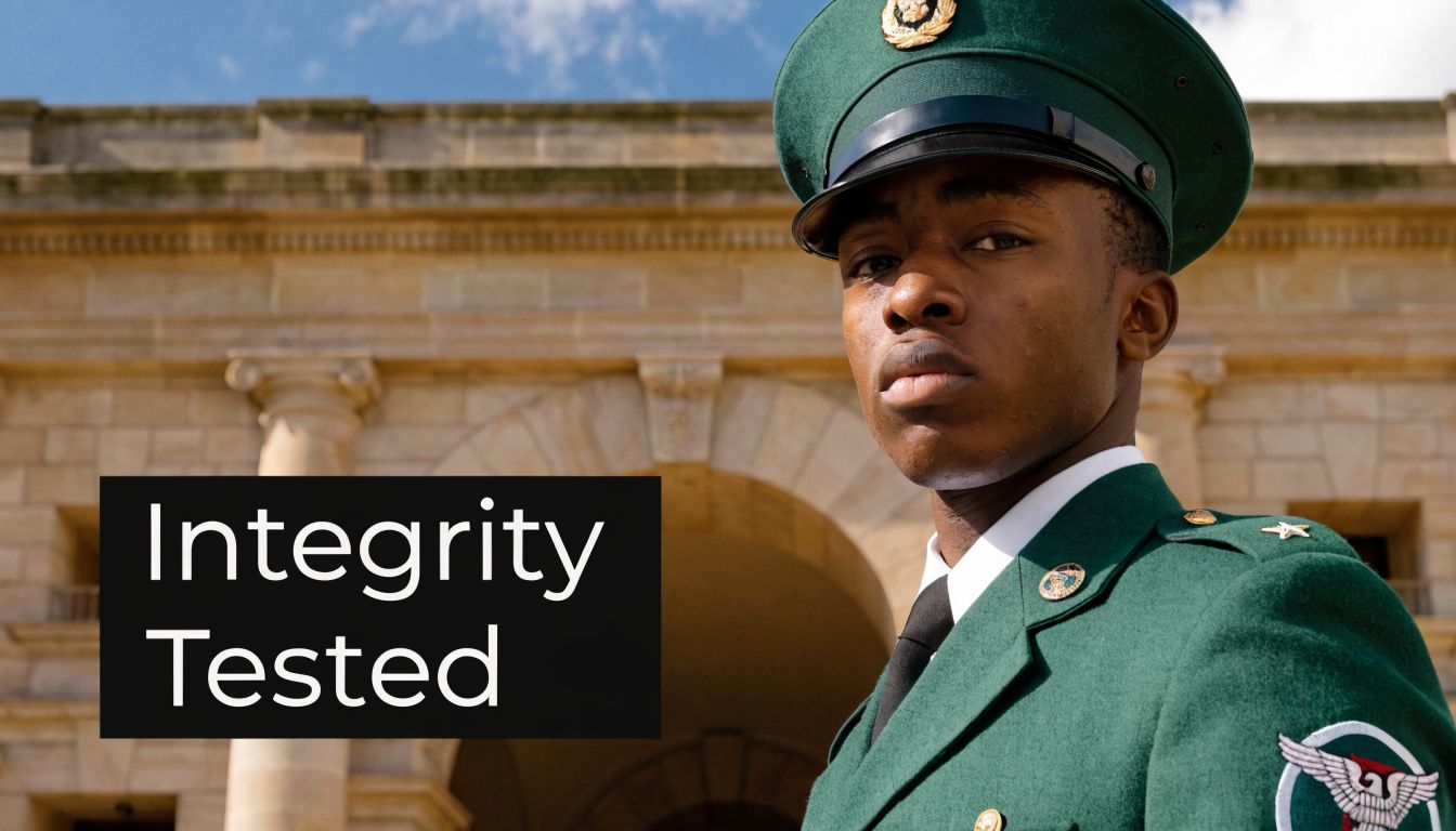 A serious young military cadet in a green uniform stands in front of a stone building.