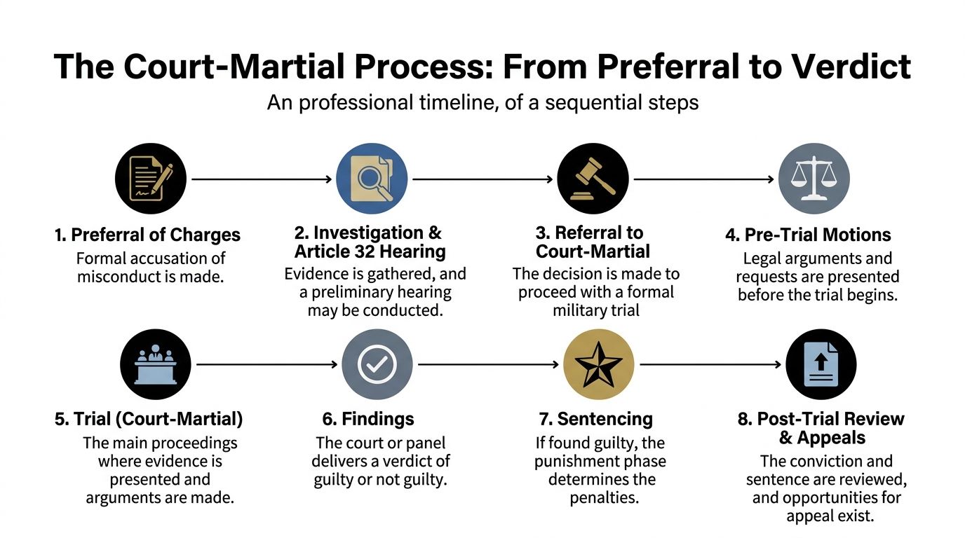 An infographic detailing the eight sequential steps of the military court-martial process from charges to appeals.