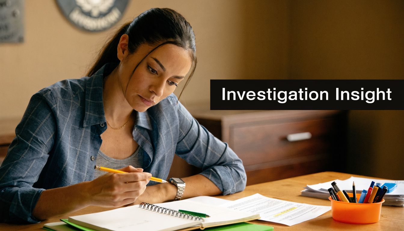 Fort Belvoir Court Martial Defense Lawyers: Your Guide 2 A focused woman reviewing legal documents and taking notes at a wooden desk, representing investigative research.