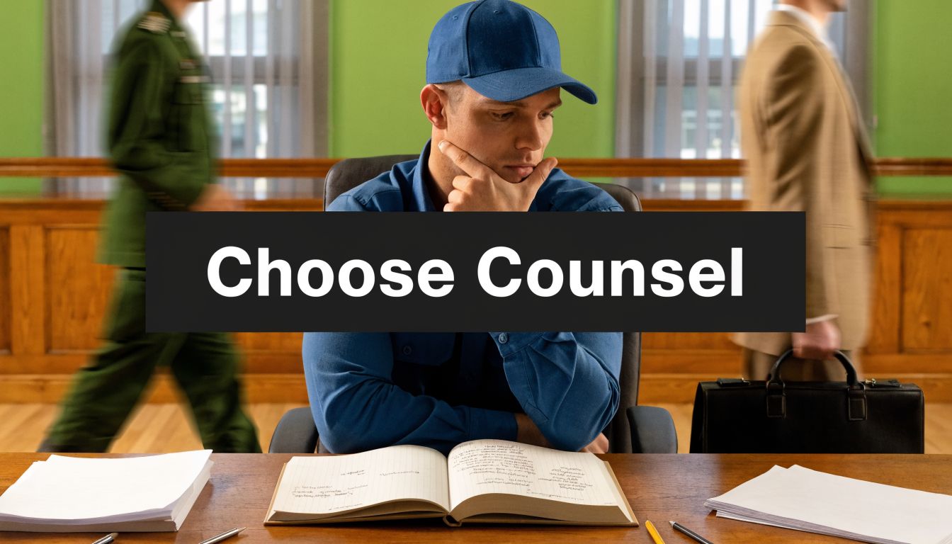 Fort Belvoir Court Martial Defense Lawyers: Your Guide 4 A man in a blue uniform contemplates legal decisions at a desk with an open book.