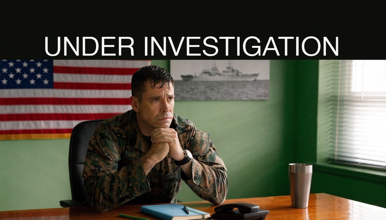 A solemn military officer sits at a desk in an office with an American flag behind him.