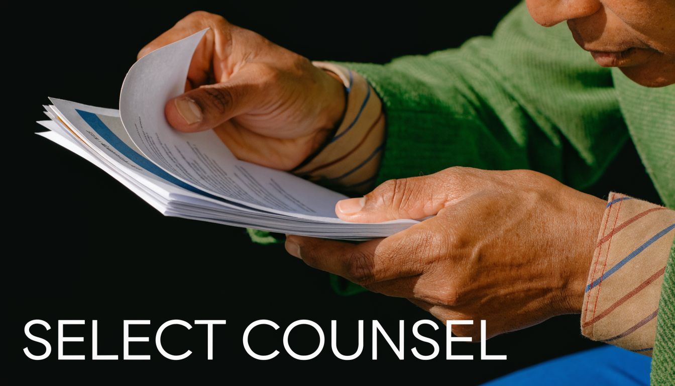 A close-up view of an individual reviewing legal documents, emphasizing the importance of selecting legal counsel.