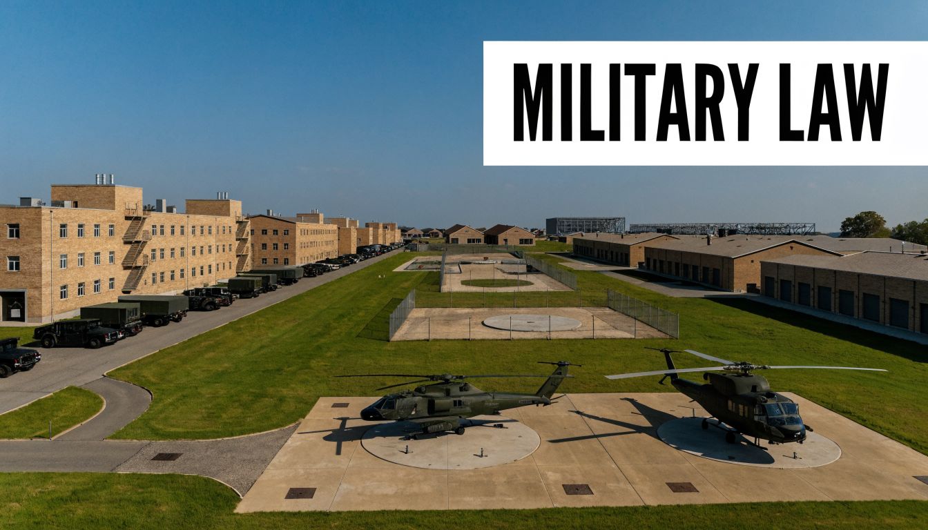 An aerial view of military barracks and training facilities featuring helicopters parked on landing pads.