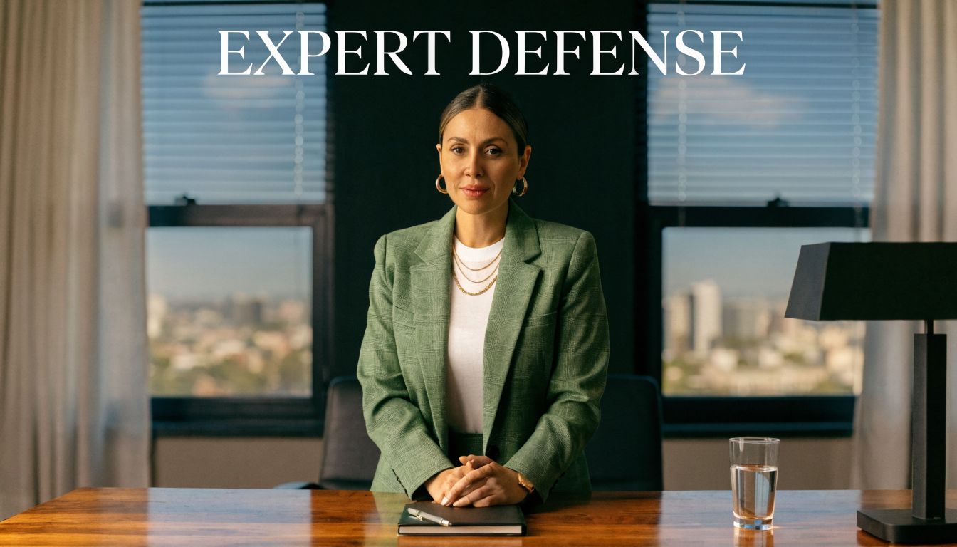 A professional female attorney in a green suit standing confidently at her office desk for legal representation.