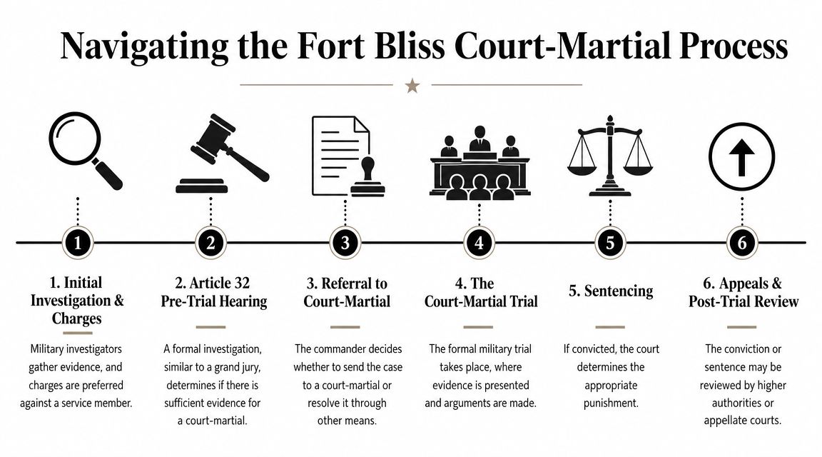 A six-step infographic detailing the military court-martial process at Fort Bliss, from initial investigation to appeals.