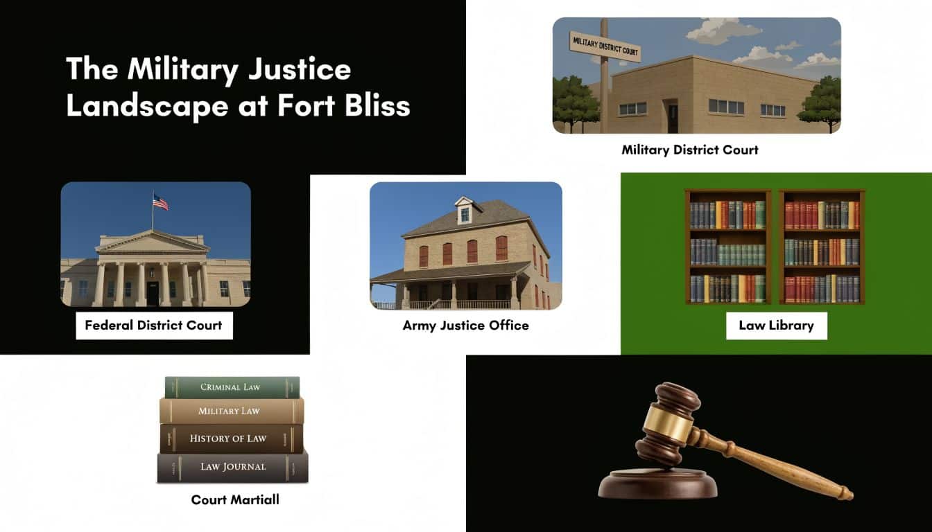 An infographic titled The Military Justice Landscape at Fort Bliss, showcasing various legal buildings and resources.