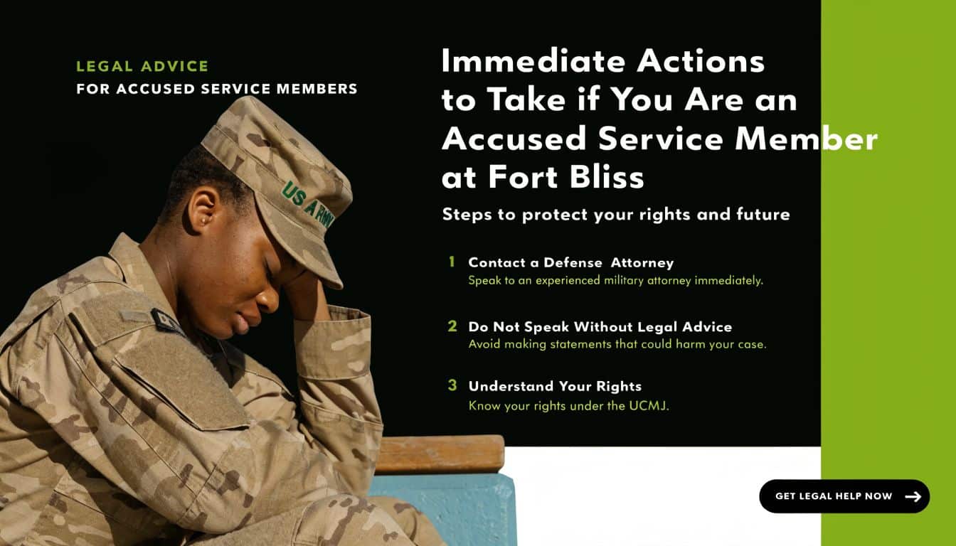 A service member in uniform sitting with head in hands, representing legal advice for accused soldiers at Fort Bliss.