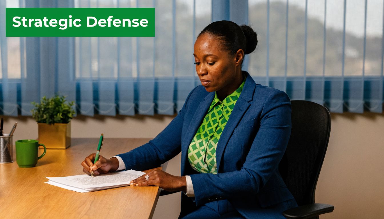 A professional Black woman in a blue suit writing on documents at an office desk.