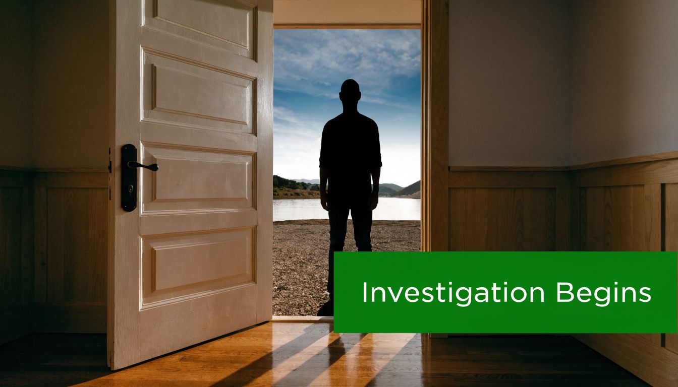 A silhouette of a man standing in an open doorway looking out at a lake landscape.