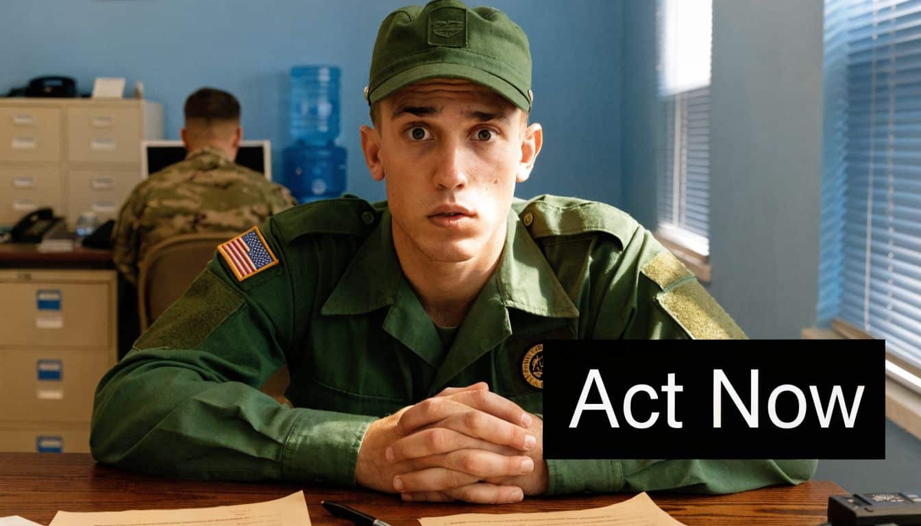 A young soldier in uniform sits at a desk in an office with another soldier in the background.